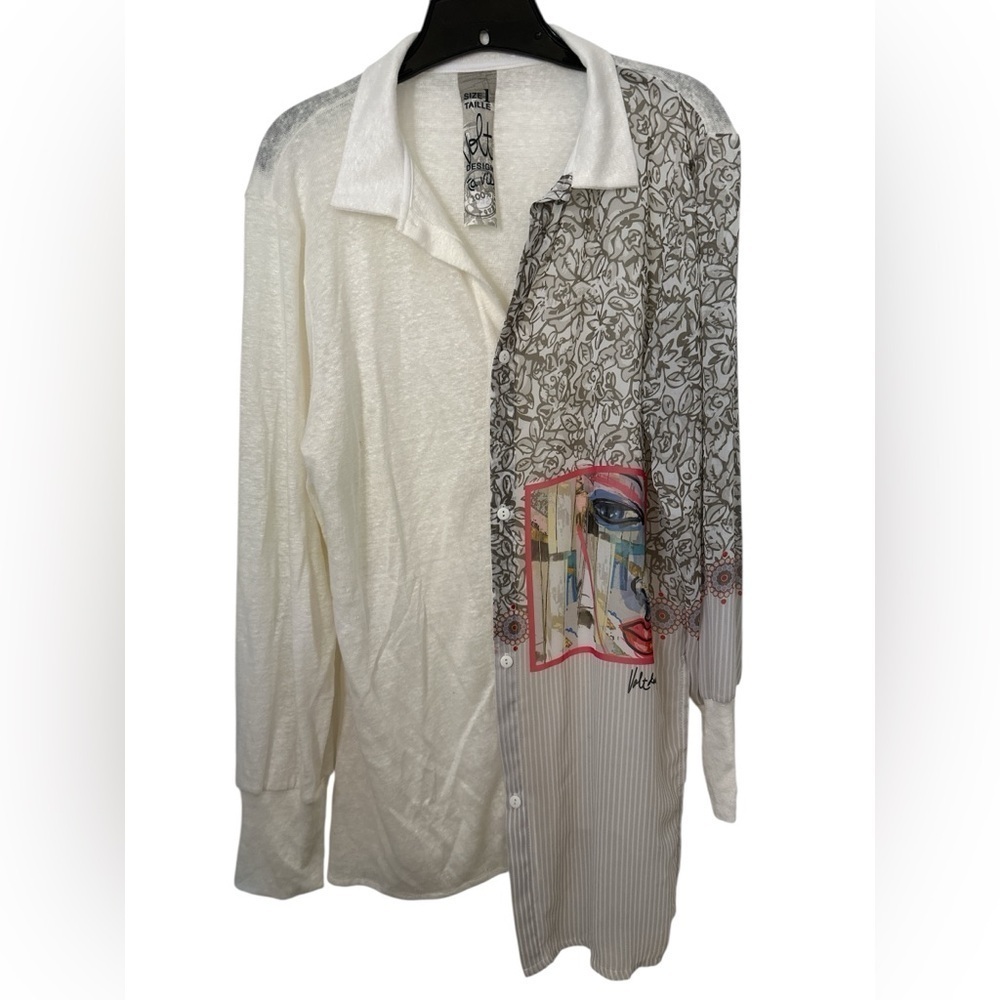Volt Design Abstract Front Design Sheer Chemise Button Down Tunic Shirt NWOT